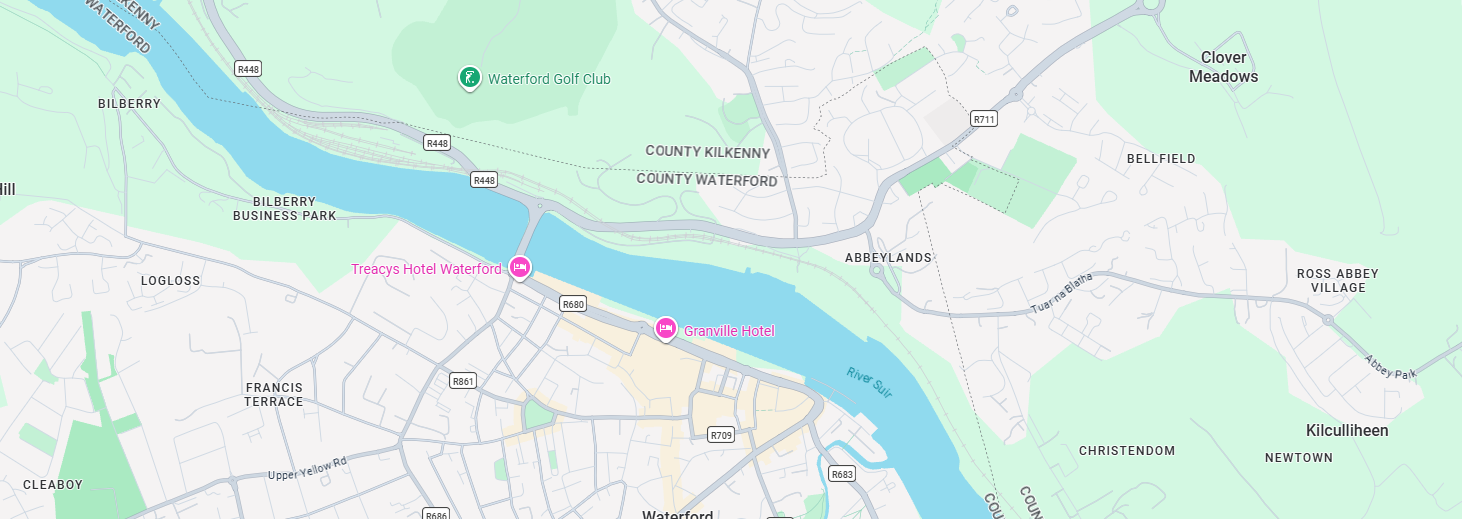 Map of Waterford City showing the River Suir, the quays and the bridges